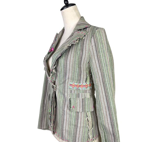 Aziz Green & Gray Stripe Distressed Edge Embroidered Flower Cotton Blazer Jacket - Picture 5 of 9